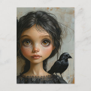 Postal La chica con un pájaro negro
