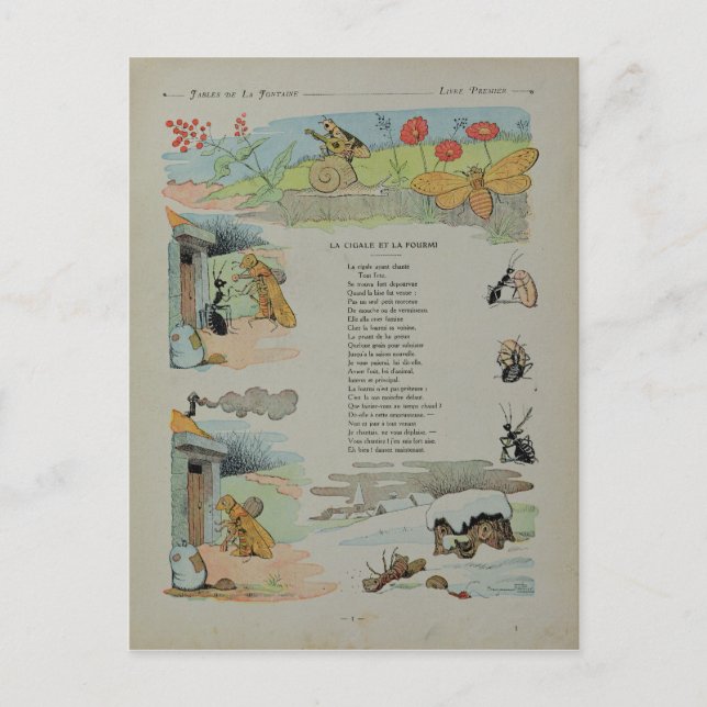 Postal La Cicada y la hormiga de las fábulas (Anverso)