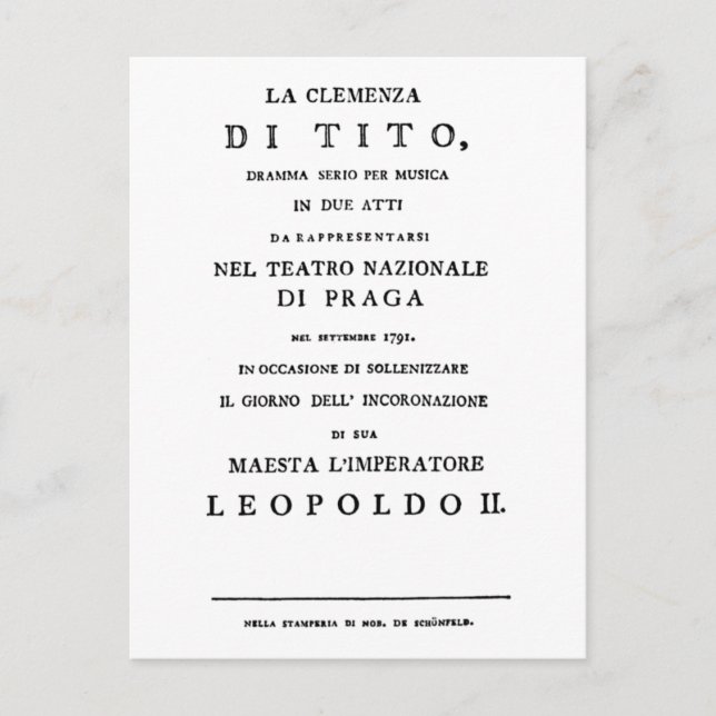 Postal La Clemenza di Tito Libretto página de título (Anverso)