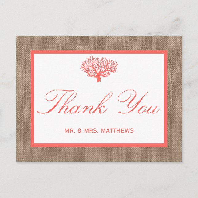 Postal La Colección De Bodas De Coral En Burlap Boho Beac (Anverso)