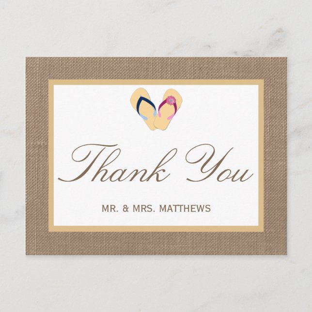 Postal La colección de Bodas Flip-Flop Sand Beach Burlap (Anverso)