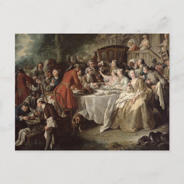 Postal La comida de caza, detalle de la cena, 1737 (Anverso)