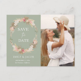 Postal La corona floral Sage Green Boho salva la fecha