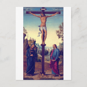Postal La Crucifixión con la Virgen por Pietro Perugino