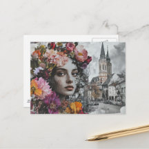 La dama Collage con flores y edificios