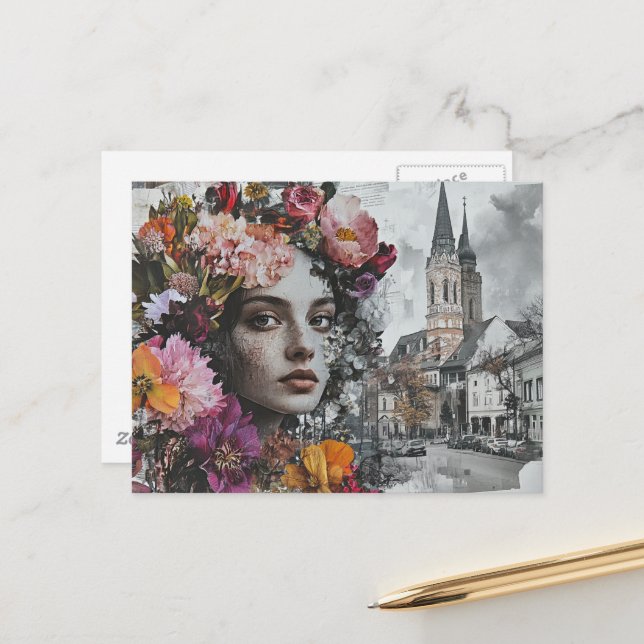 Postal La dama Collage con flores y edificios (Anverso/Reverso In Situ)