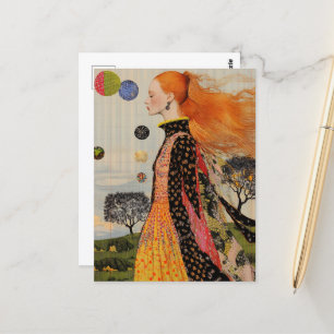 Postal La Dama Con El Collage Del Pelo Rojo