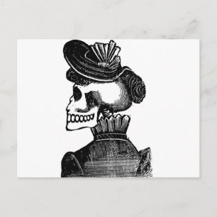 Postal La dama del esqueleto. México de principios del si