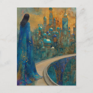 Postal La dama en la ciudad vestida de azul elegante