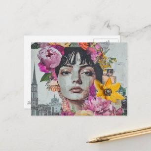 Postal La dama en un collage de flores de edificios de ci