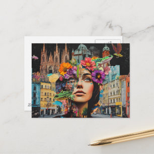 Postal La dama en un collage de flores de ranas pájaros d