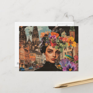 Postal La dama en un collage de flores de ranas pájaros e