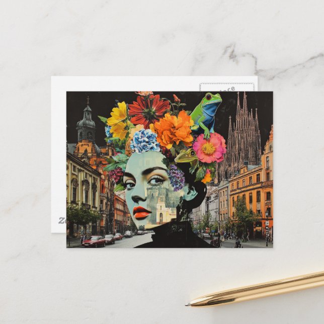 Postal La dama en un collage de flores edificios ranas (Anverso/Reverso In Situ)