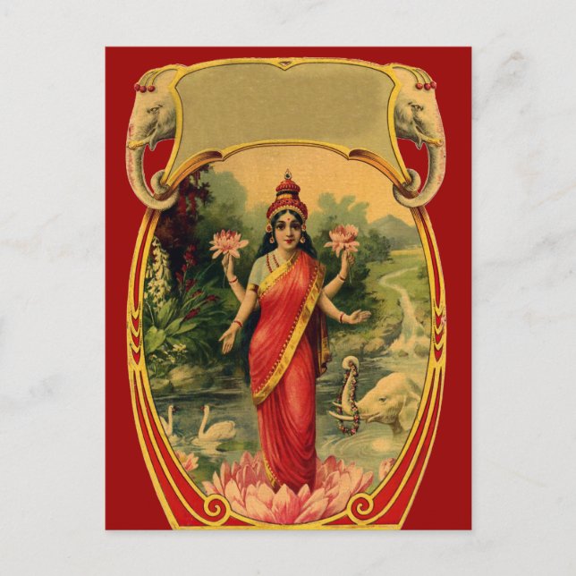 Postal la diosa hindú vintage de Lotus Flower Lakshmi (Anverso)