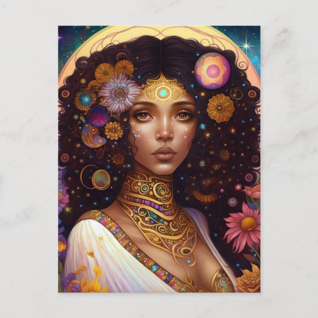 Postal La diosa negra afroamericana reina arte de fantasí (Anverso)