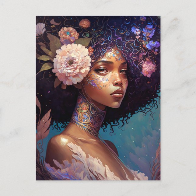Postal La diosa negra afroamericana reina arte de fantasí (Anverso)
