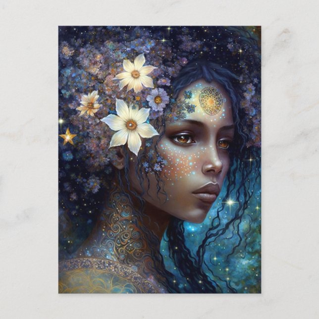 Postal La diosa negra afroamericana reina arte de fantasí (Anverso)