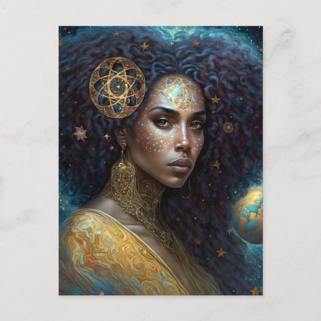 Postal La diosa negra afroamericana reina arte de fantasí (Anverso)