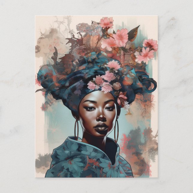 Postal La diosa negra reina arte de fantasía azul rosado (Anverso)