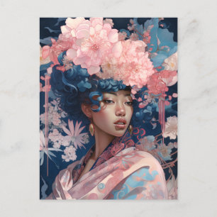 Postal La diosa negra reina arte de fantasía azul rosado