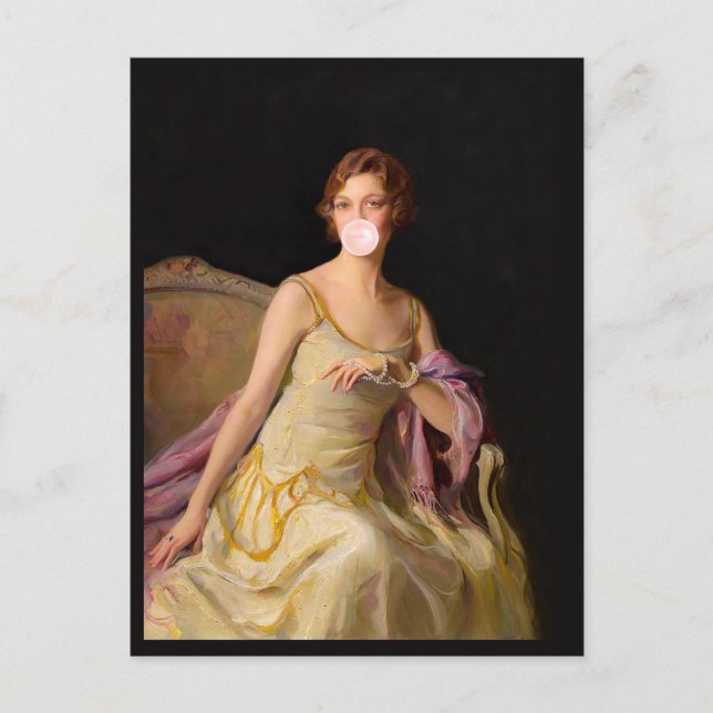 Postal La diva de la goma de mascar con vestido amarillo (Anverso)