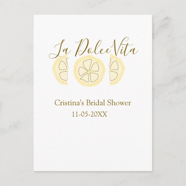 Postal La Dolce Vita yellow lemon bridal shower pastel bo (Anverso)