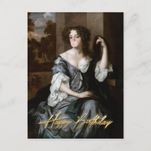 Postal La duquesa que sopla un chicle rosado Feliz cumple