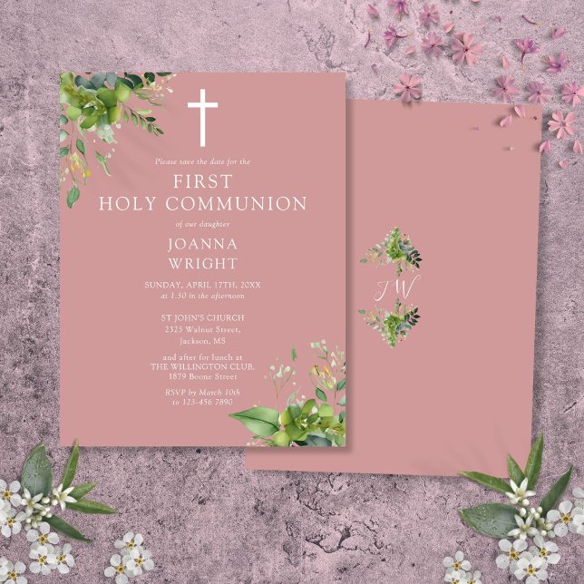 Postal La ecología Rosa Primero Santa Comunión Salva La F (Greenery Pink First Holy Communion Save The Date Postcard)