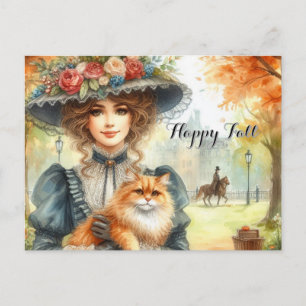 Postal La elegante dama con el gato feliz otoño