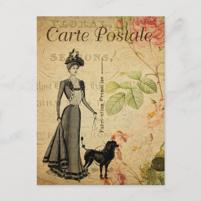 Postal La elegante dama de la época caminando su perro ca (Anverso)