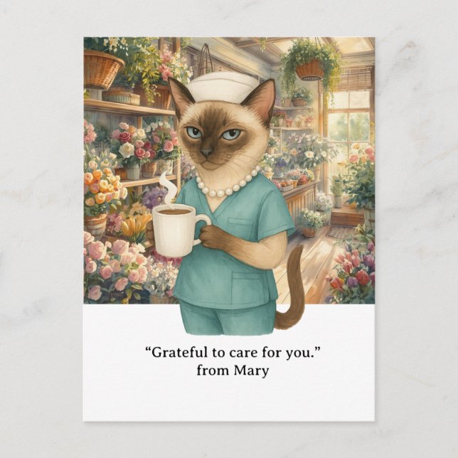 Postal La enfermera está bebiendo café frente a la tienda (Anverso)