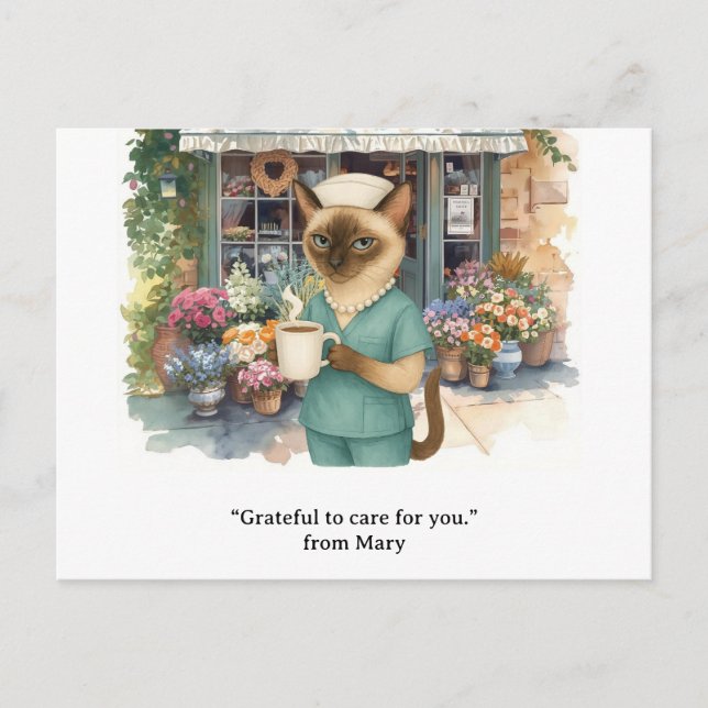 Postal La enfermera está bebiendo café frente a la tienda (Anverso)