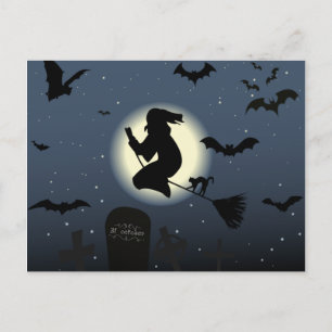 Postal la escena de Halloween de la bruja voladora