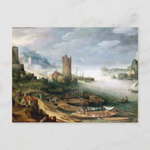 Postal La escena del río con una torre en ruinas