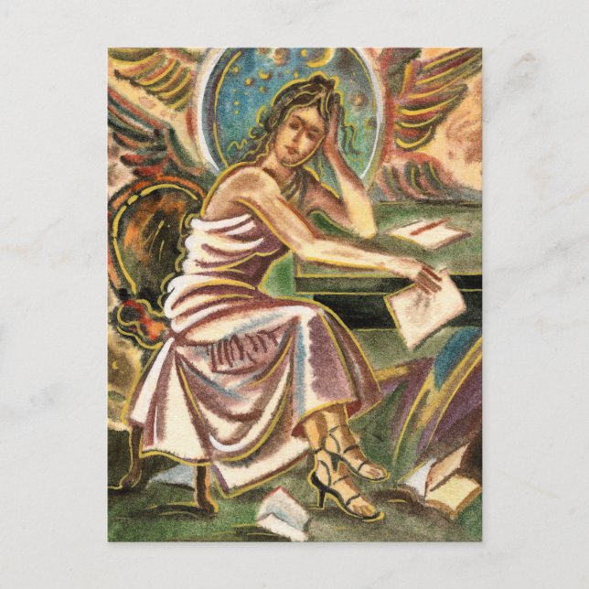 Postal La escritora que piensa en la pintura acuarela (Anverso)