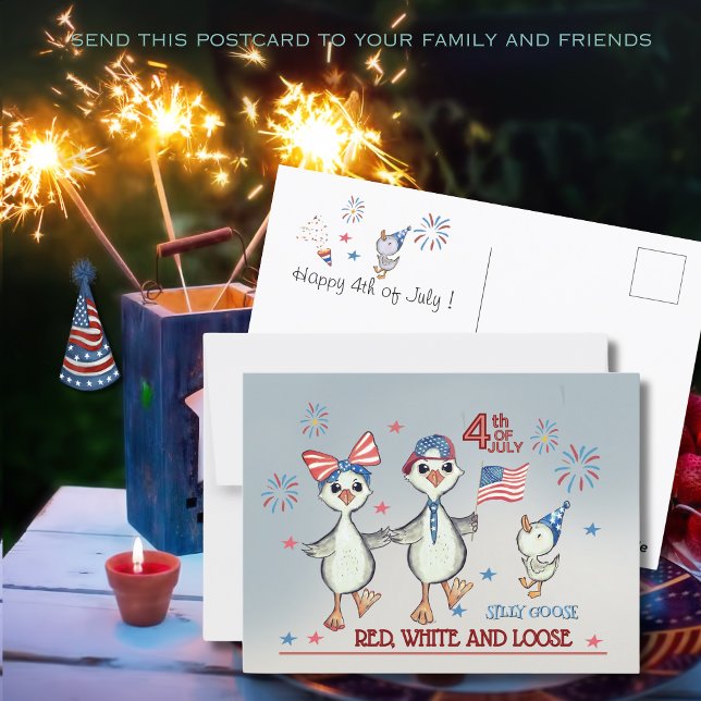 Postal La familia Cabosa Silly, roja, blanca y suelta el  (Silly Goose Family Red, White & Loose 4th of July Postcard)