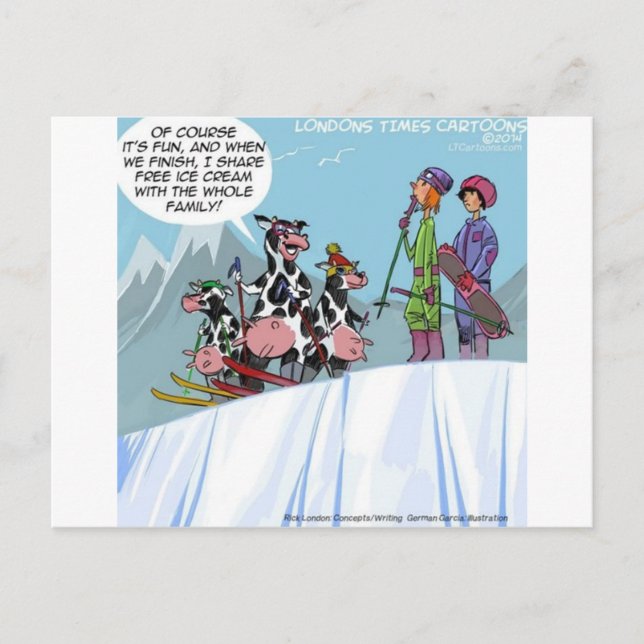 Postal La familia de las vacas Nieve Esquiando divertida (Anverso)