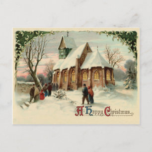 Postal La gente va a la iglesia del pueblo en Navidades