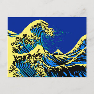Postal La gran ola de Hokusai al estilo pop amarillo azul