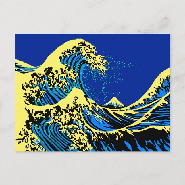 Postal La gran ola de Hokusai al estilo pop amarillo azul (Anverso)