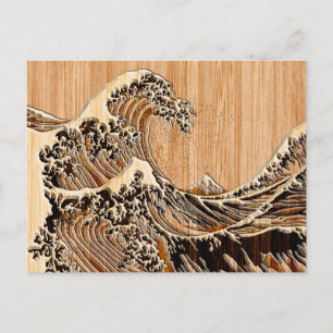 Postal La Gran Ola de Hokusai Estilo de Grano de Madera d