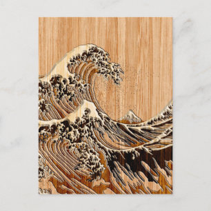 Postal La Gran Ola de Hokusai Estilo de Grano de Madera d