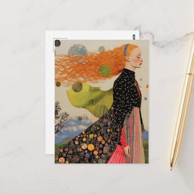 Postal La Hermosa Dama Con El Collage Del Pelo Rojo (Anverso/Reverso In Situ)