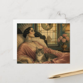 Postal La Hermosa Reina Retro Soñolienta y su Gato