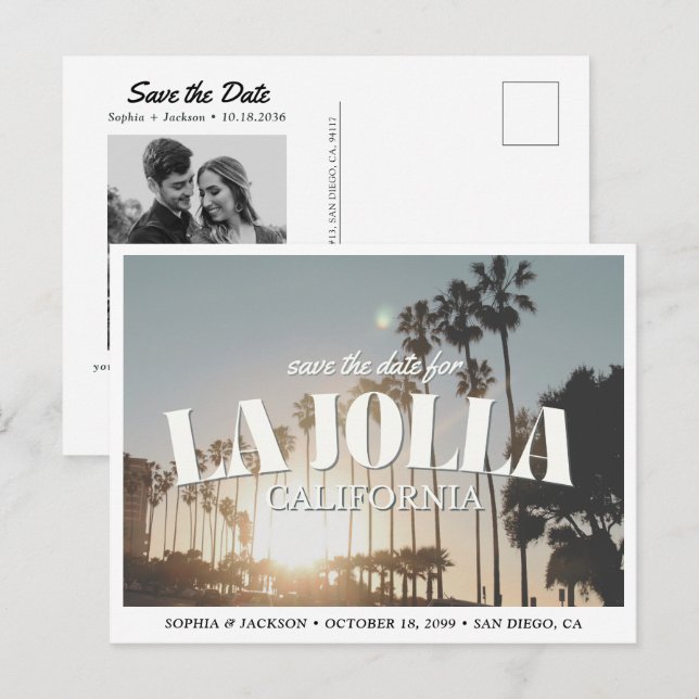 Postal La Jolla Boda Guardar la Fecha Palma Retro (Anverso / Reverso)