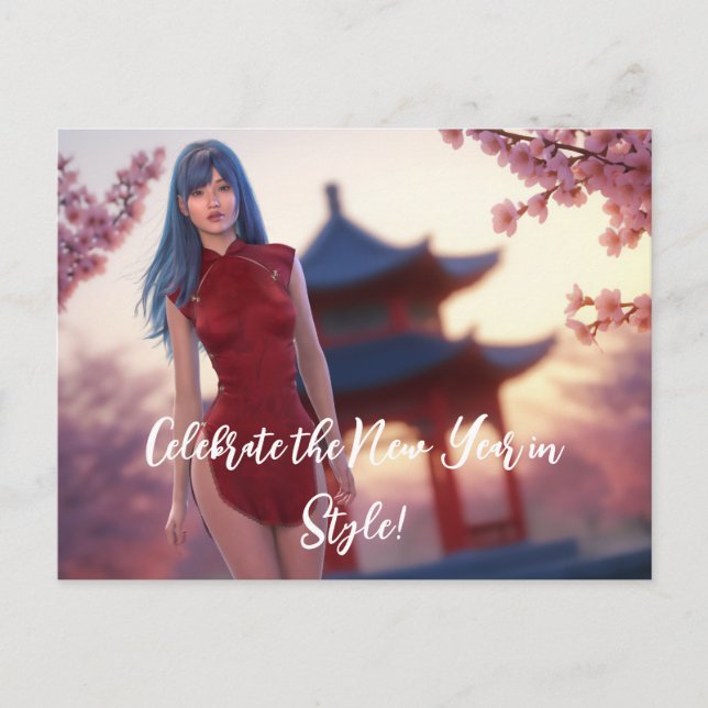 Postal La joven belleza de Cheongsam posando para el Año  (Anverso)