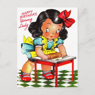 Postal La joven de cumpleaños feliz de la época de los añ