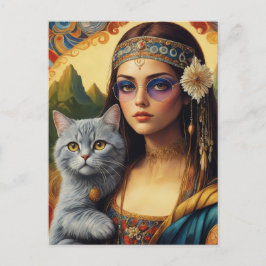 Postal La joven hippie Mona Lisa y su gato gris