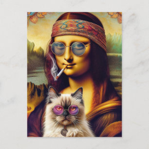 Postal La joven hippie Mona Lisa y su gato himalayo