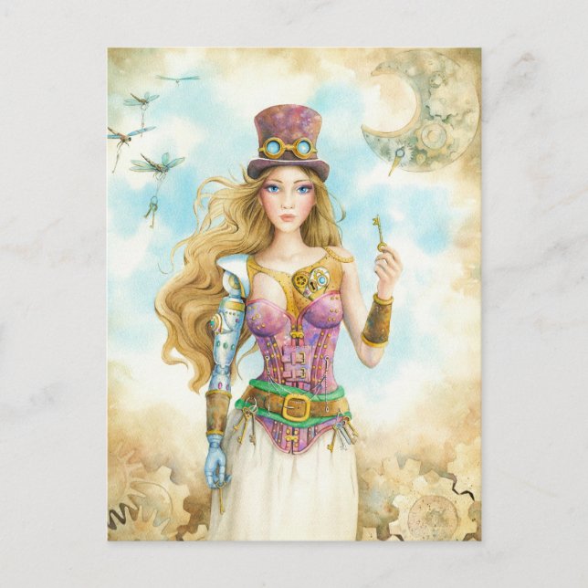 Postal "La llave", chica de Steampunk. (Anverso)